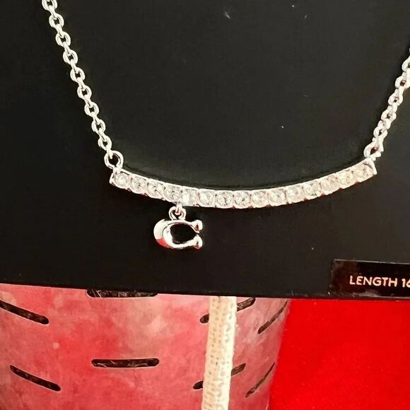 COACH Signature C Pave Bar Charm Necklace Silver Tone 18” Total NWT # TSNK - Picture 8 of 10